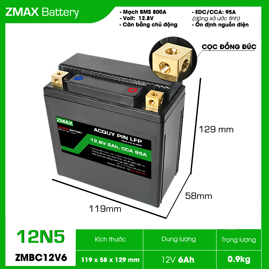 ZMAX LiFePO4 12V 6Ah ZMBC12V6-12N5 cho Honda Dream, Future, Wave Alpha