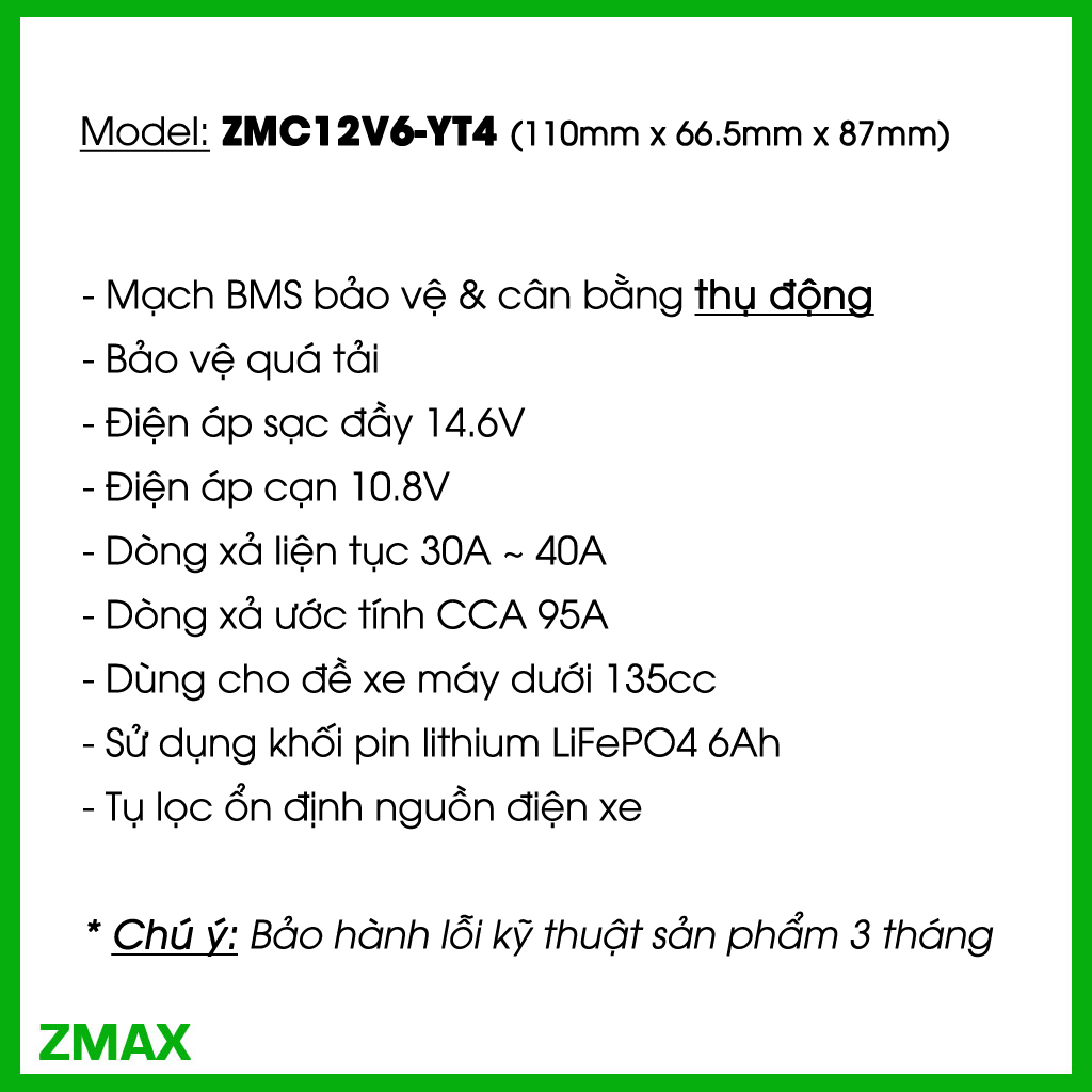 ZMAX Pin Lithium LiFePO4 YT4 12V 6Ah ZMC12V6-YT4 cho AirBlade 110, Cub C125, Exciter 155, GSX-R150 CCA 95A