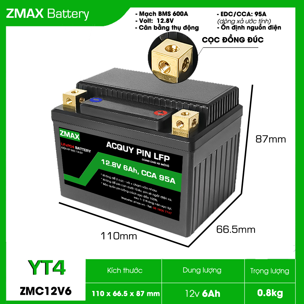 ZMAX Pin Lithium LiFePO4 YT4 12V 6Ah ZMC12V6-YT4 cho AirBlade 110, Cub C125, Exciter 155, GSX-R150 CCA 95A