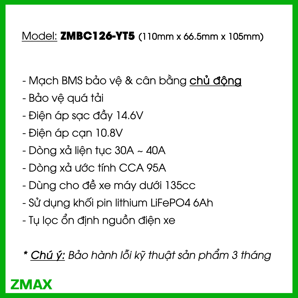 ZMAX Pin Lithium LiFePO4 YT5 ZMBC12V6-YT5 12V 6Ah cho Vario, SH Mode, AirBlade, Exciter CCA 95A
