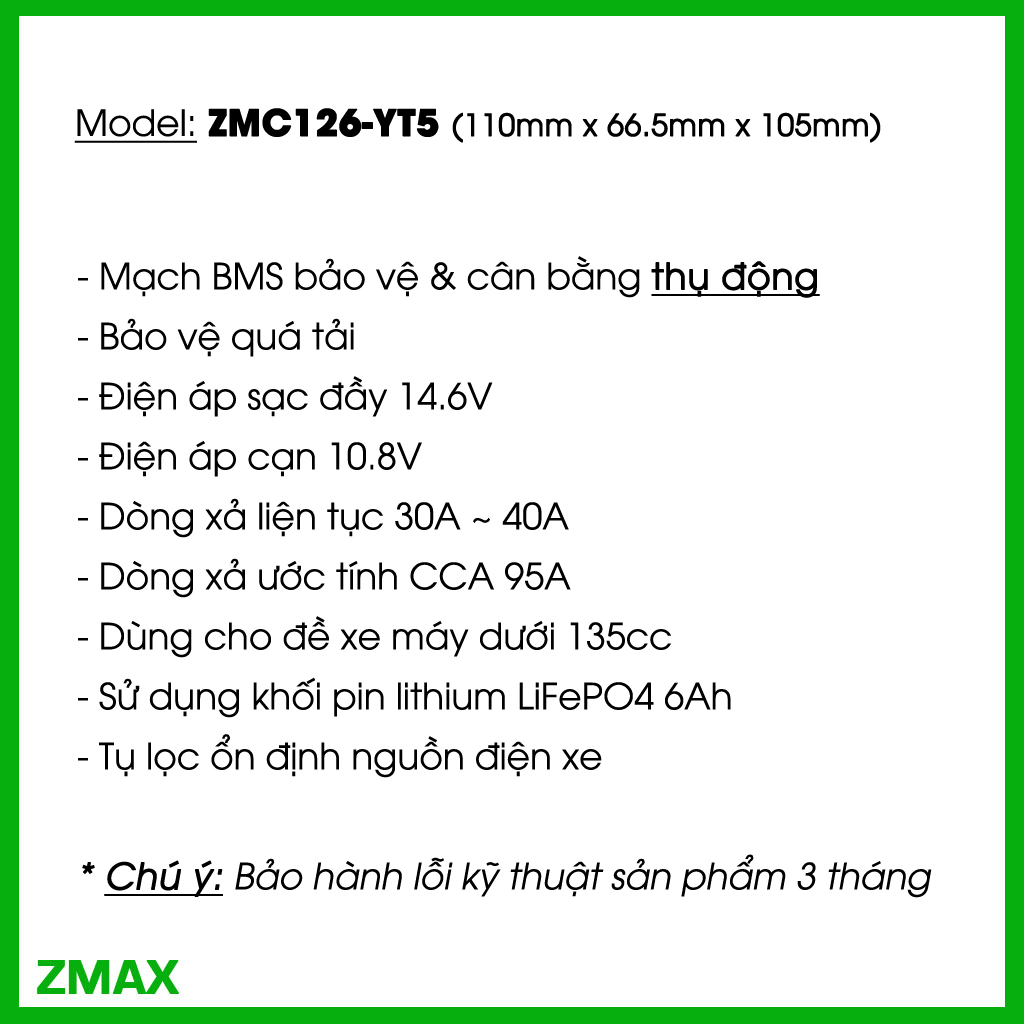 ZMAX Pin Lithium LiFePO4 ZMC12V6-YT5 12V 6Ah cho AirBlade, Vision, Lead, Exciter CCA 95A