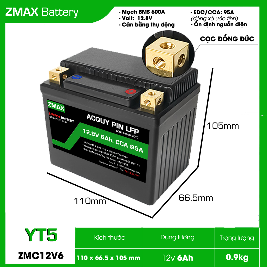 ZMAX Pin Lithium LiFePO4 ZMC12V6-YT5 12V 6Ah cho AirBlade, Vision, Lead, Exciter CCA 95A