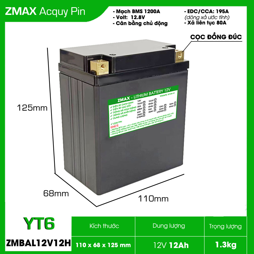 ZMAX Pin Lithium LiFePO4 ZMBAL12V12-YT6 12V 12Ah cho Honda SH, Lead 110, Yamaha NVX, Vespa Sprint CCA 200A