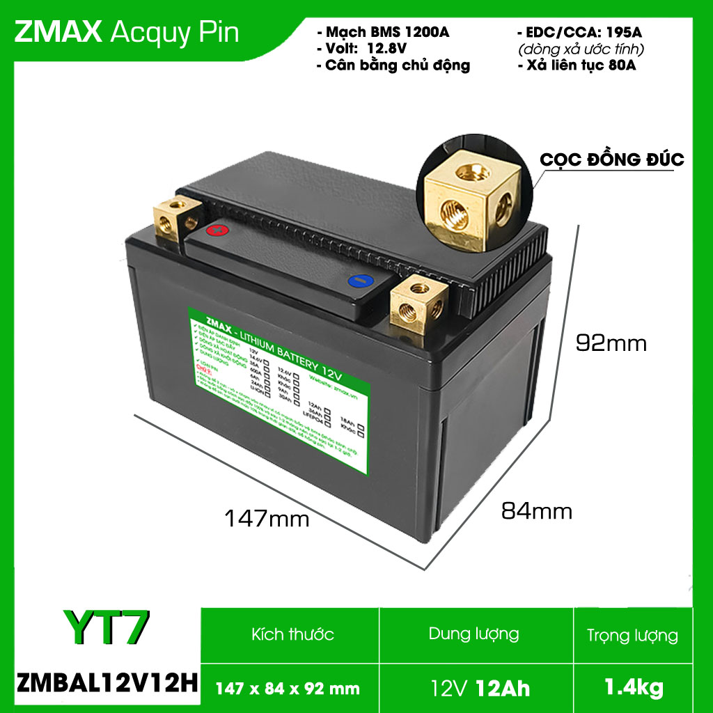 Bình ZMAX LiFePO4 YT7 ZMBAL12V12-YT7 12V 12Ah cho SH300i, SH350i, Vespa LX, Spacy CCA 200A